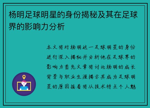 杨明足球明星的身份揭秘及其在足球界的影响力分析